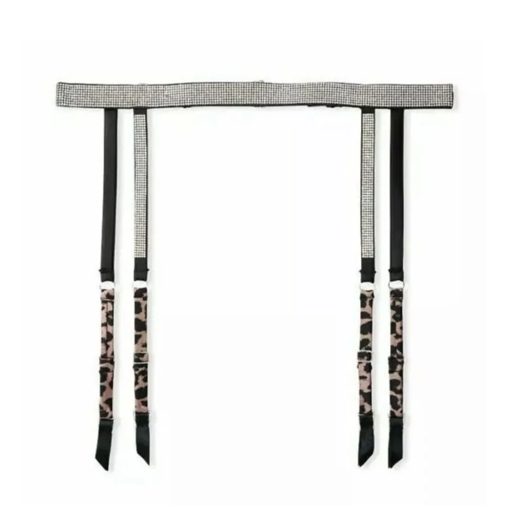 Victoria's Secret Shine Strap Rhinestone Garter Belt Sz XS / S Nougat Leopard‎